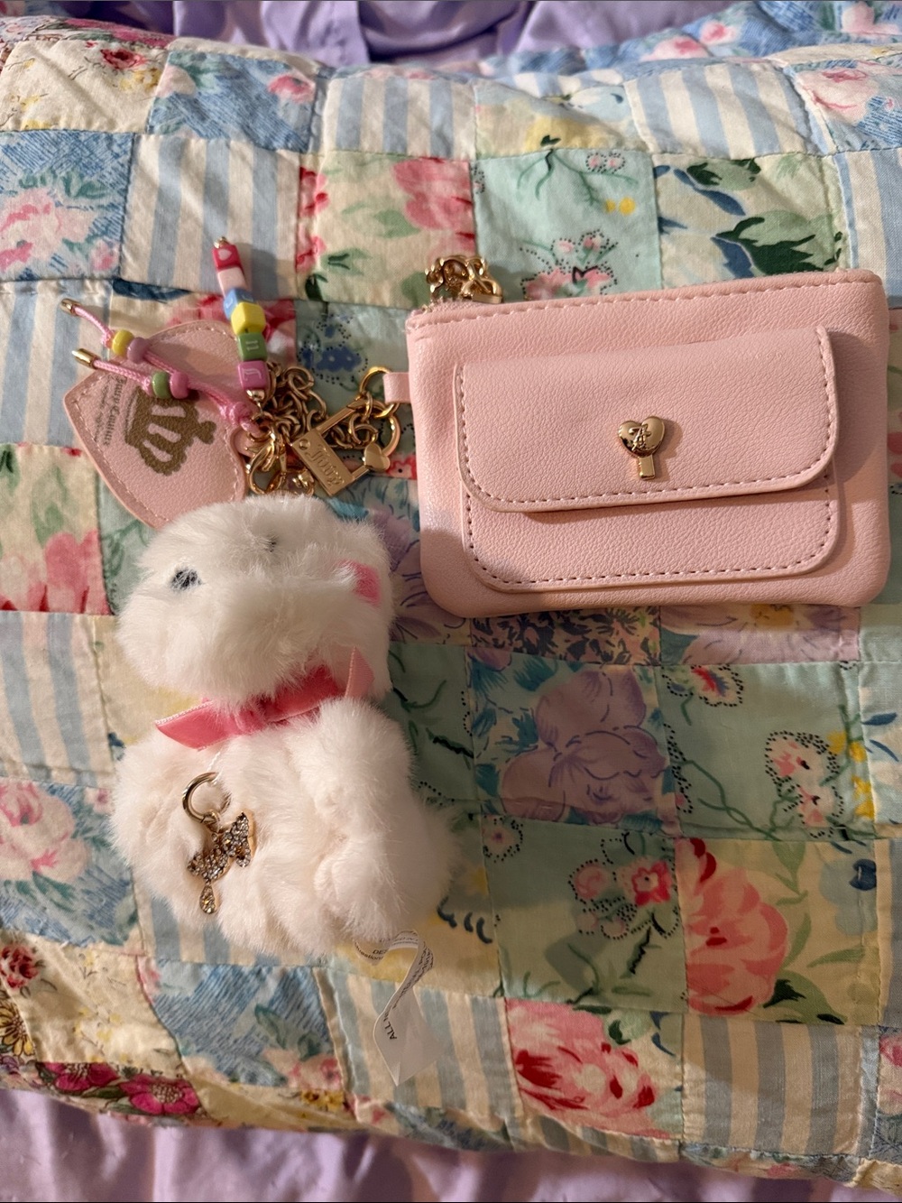 Juicy Couture Pink Mini Wallet and White Plush Charm Keychain Set-EUC